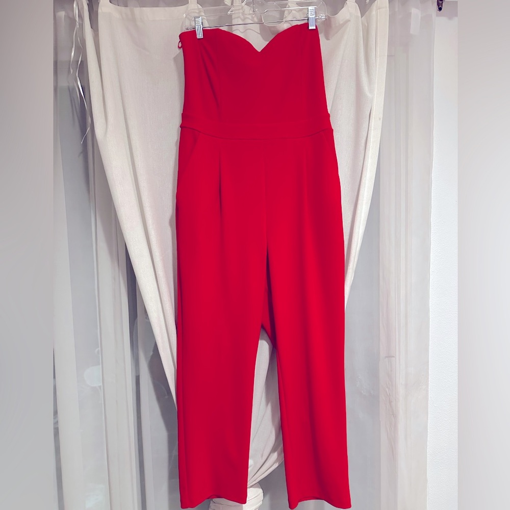 Express Strapless Red Straight-Leg Jumpsuit - Picture 2 of 6